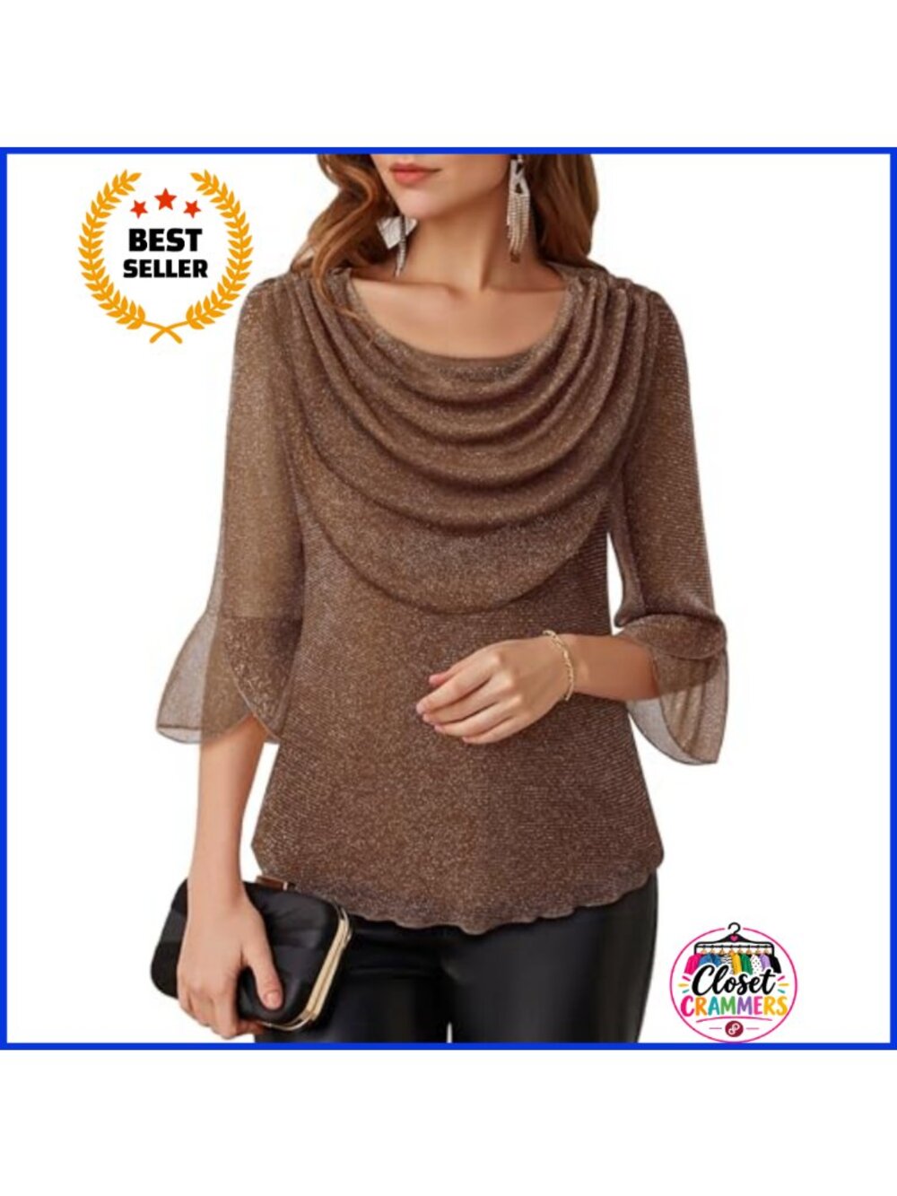 Womens Dressy Blouse Cowl Neck 3/4 Ruffle Sleeve Mesh Glitter Top